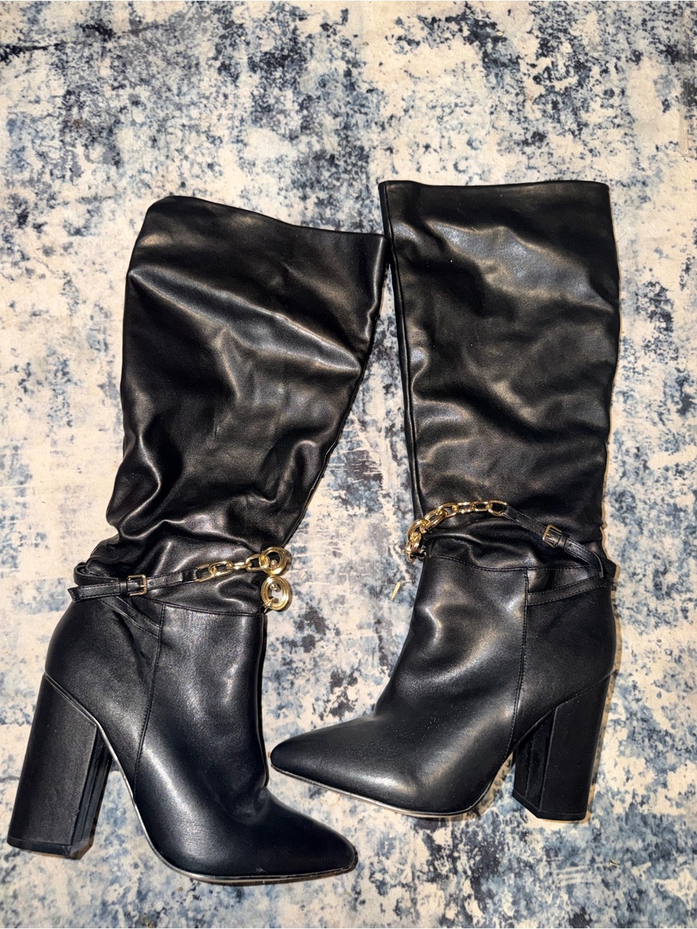 Zigi Soho Black Slouch High Heel Boots Gold Chain Strap - Women’s Size 8